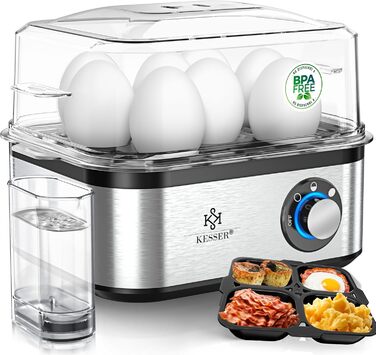 Електричний яйцеварка KESSER® на 1-8 яєць з нержавіючої сталі, 500W, функція підігріву, LED-регулятор, 3 ступені нагріву, BPA-Free, придатний для миття в посудомийній машині, мірна склянка, утримувачі для яєць та форма для омлету, срібно-чорний/срібний