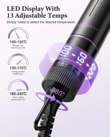 BESTOPE PRO Локкенстаб: Набір для створення локонів 5 в 1 з плойкою, термощіткою, 3 локкенстабами (9мм-25мм) для великих локонів, 13 температур, керлер для волосся з термозахисним покриттям, рукавичка, затискач, колір Nordlicht Lila