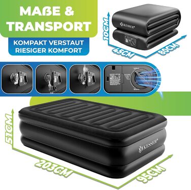Надувна матрац KESSER® з вбудованим електричним насосом, самонадувна, для гостей, кемпінгу та дому. Матрац для 1 особи, 203 x 95 x 51 см, чорний