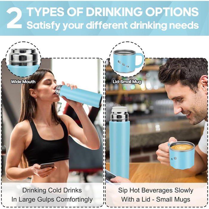 Термос з нержавіючої сталі 550 мл - термос-пляшка без протікань з чашкою та ручкою, вакуумний термокухоль 12 год гаряче / 12 год холодне, неслизький келих для кави в дорозі для спорту, роботи, школи, авто (Блакитний)