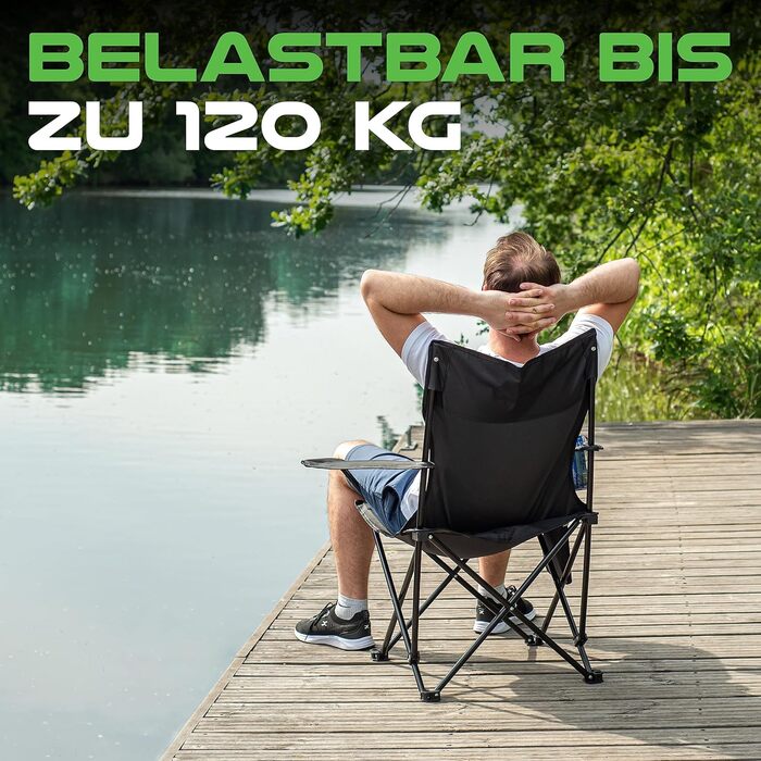 Крісло для кемпінгу MOUNTREX складне (до 120 кг) - регульовані підлокітники, для риболовлі, пляжного відпочинку, компактне та легке, з підстаканником та сумкою, чорне