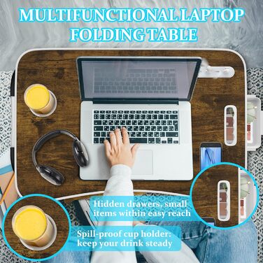 Столик для ноутбука Soontrans з ящиком, тримачем для напоїв та планшета, світлом та вентилятором, 60x40x28 см
