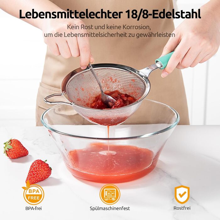 U-Taste дрібносітчасте кухонне сито з нержавіючої сталі 18/8, середнє металеве сито з міцною заклепкою та силіконовою ручкою, для борошна, чаю, рису, кіноа (Aqua Sky, 12 см)