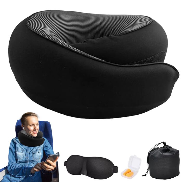 Подушка для шиї у літак, ергономічна, з маскою для сну, Memory Foam, для подорожей (літак, авто)