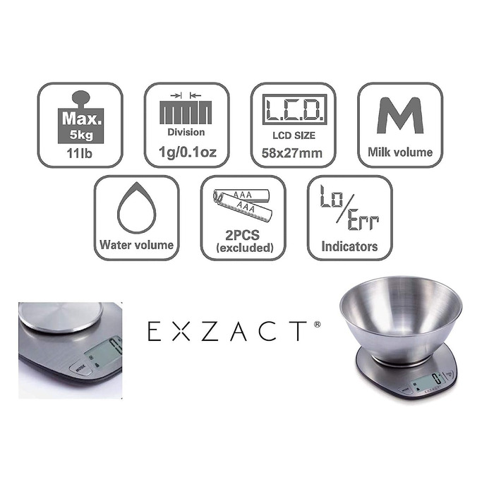 Кухонні ваги EXZACT EX4350 з нержавіючої сталі - електронні ваги з мискою для приготування та випікання, функція тарування, до 5 кг