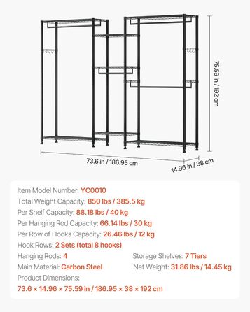 Стійка для одягу VEVOR з 4 перекладинами, 7 полицями та 8 гачками – міцна конструкція (385,5 кг) для спальні, магазину одягу, прихожої