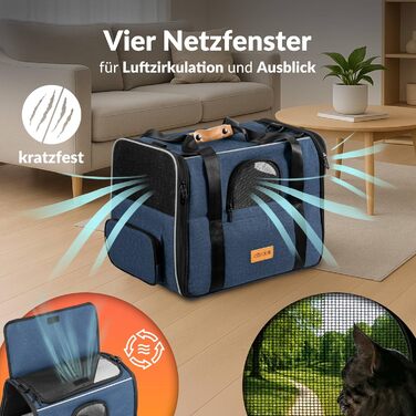 Транспортна переноска для котів до 20 кг, складна, з сонце- та водонепроникним дахом, плечовим ременем та мискою, дихаюча, комфортна, з обертовим подушкою, переноска для котів/собак, авто (блакитна)