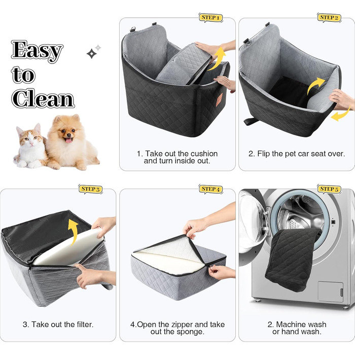 Автокрісло для собак: зручне ліжко-підвищення для маленьких та середніх собак з кишенями та поводок (чорний/сірий, середнє)