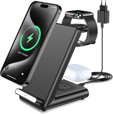 3-в-1 Бездротовий зарядний пристрій: для iPhone 16, 15, 14, 13, 12, 11 Pro Max, Apple Watch та AirPods Pro