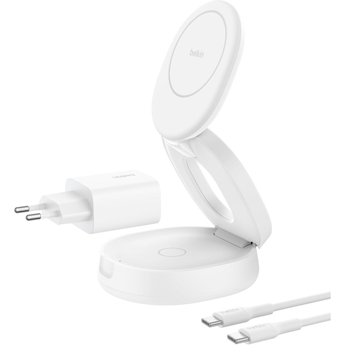 Бездротова зарядна станція 2-в-1 Belkin BoostCharge Qi2 15W MagSafe для iPhone 17, AirPods, Pixel, біла (з адаптером 30 Вт)