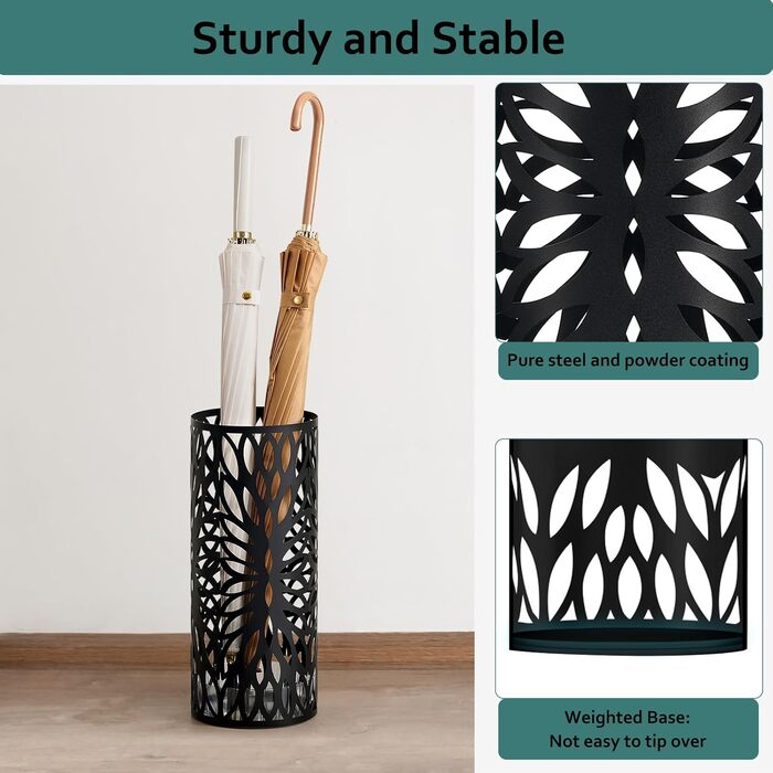 LAND VOI Metal Umbrella Stand - Slim Design, Removable Drip Tray, Rectangular, Portable with Hollow Handle - Black (6.7 x 6.7 x 16 Inches)