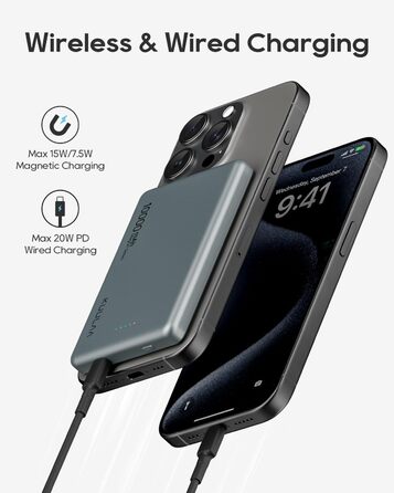 Power Bank Kuulaa MagSafe 10000 mAh 20W, Тонкий Пауербанк для iPhone 16/15/14/13, Колір Space Grey