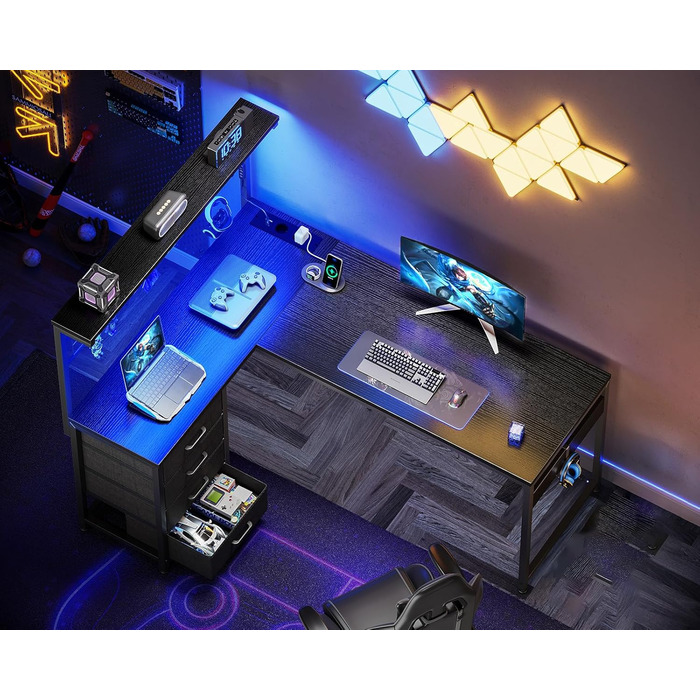 Ігровий стіл Coleshome з LED підсвічуванням, 130 x 100 см. Реверсивний стіл з шухлядами та розетками, кутовий стіл з полицею та місцем для зберігання, чорний