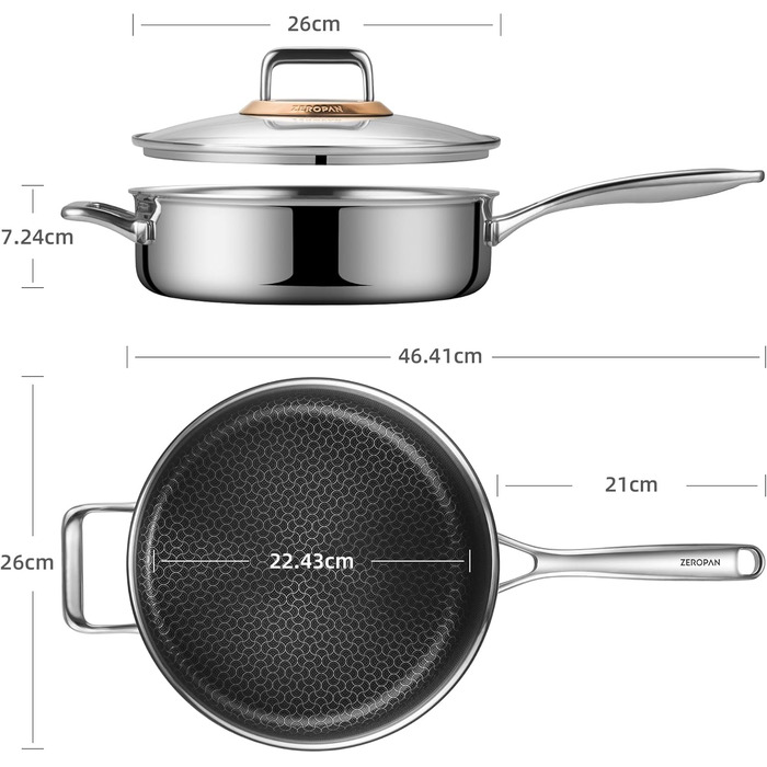Сковорода з кришкою 26 см, антипригарне покриття Hybrid, холодна ручка, можна мити в посудомийній машині, без PFAS, PFOA та PTFE, безпечна у духовці до 260 °C, сумісна з усіма типами плит (WQ-D сковорода 26 см)
