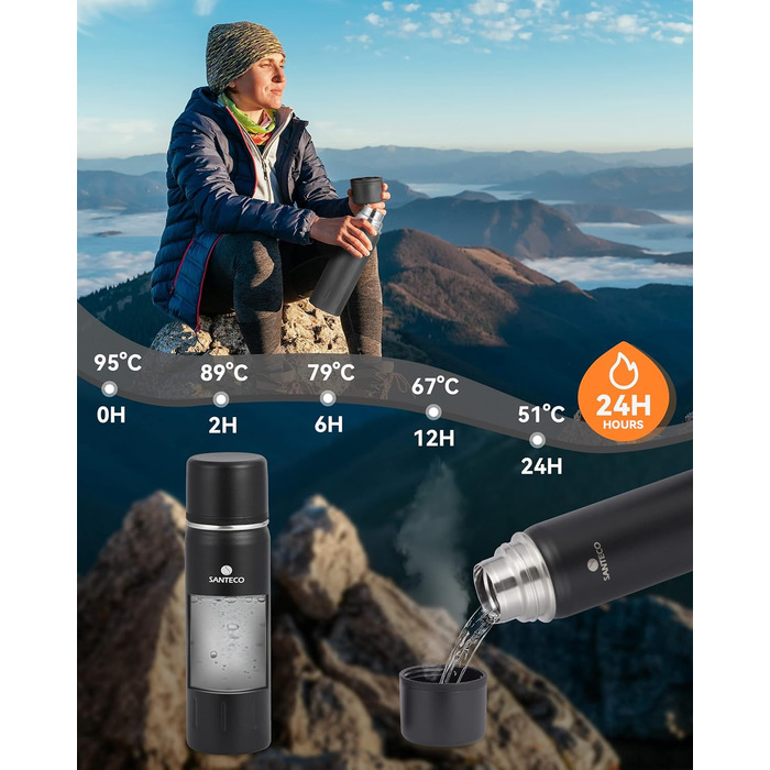 Термос з нержавіючої сталі SANTECO 1л/500мл, ізотермос з кришкою-чашкою, для дітей, спорту, без BPA, 24 години холод, 12 годин тепло, чорний