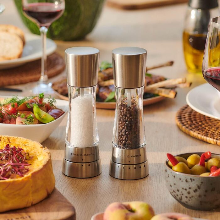 Cole & Mason Derwent Salt & Pepper Mill Set – 19cm, Adjustable Ceramic Grinder, Stainless Steel & Acrylic Design, Color: Stainless Steel, Precise Grinding, Durable