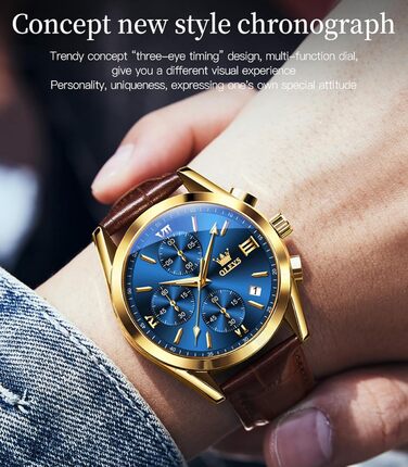 Чоловічий годинник-хронограф OLEVS 2872: кварцовий механізм, підсвічування, синій циферблат та шкіряний ремінець