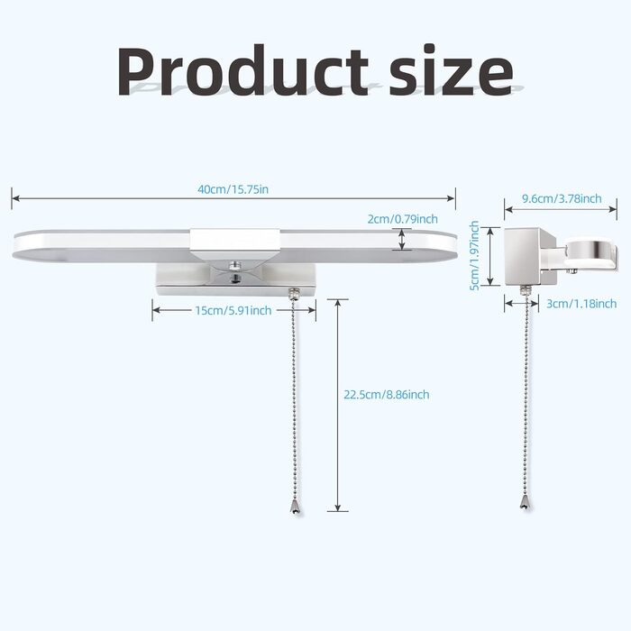 MantoLite LED Bathroom Wall Light with Pull Cord, 40CM Picture Display Lamp Mirror Lighting Wall Sconce for Hotel Restaurant Modern Reading Lamps, 8W 3000K Stainless Steel Acrylic Lighting