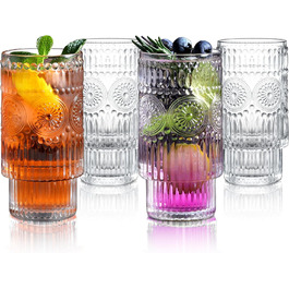 Joeyan 340ml Vintage Water Glasses Stackable - Set of 4 French Drinking Glasses for Drinks, Cocktails, Tea - Creative Water Cup for Restaurant, Party, Bar, Event, Home
