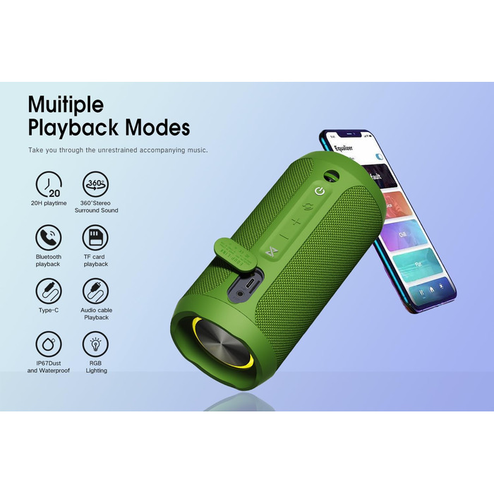 EDUPLINK Портативна Bluetooth колонка водонепроникна IPX7 бездротова (Зелена) Зелений вологозахищений динамік