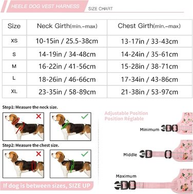 Шлейка для собак HEELE, рожева, квітковий принт, для середніх собак, 38-71 см, з м'яким ручним захопленням, світловідбиваюча