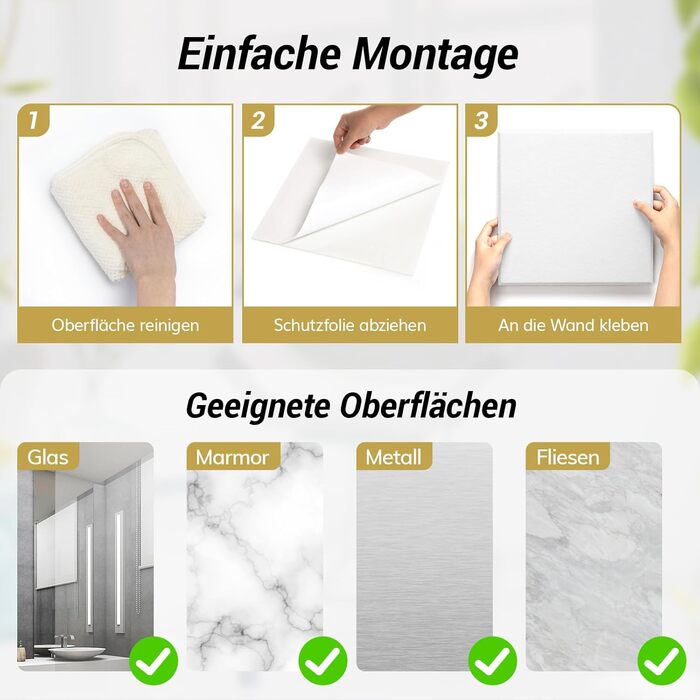 Акустичні панелі TONOR самоклеючі, 18 шт, квадратні 30x30x0,9 см, звукопоглинаючі плити зі щільного поліестеру для стін, стелі та дверей, білі