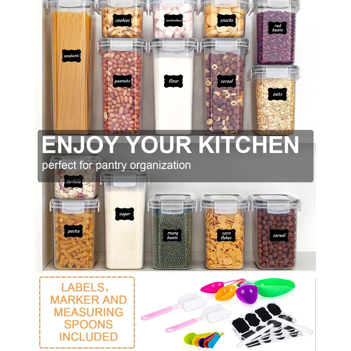 Набір контейнерів для зберігання Heucheey 25 шт. - Органайзер для кухні, контейнери для продуктів з кришкою, набір для зберігання з мірною ложкою, маркувальником, наклейками, щіткою
