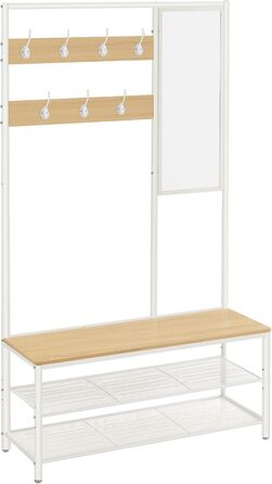VASAGLE Clothes Rack, Coat Rack, Coat Stand with Hooks, Mirror, Bench, 35 x 98 x 180 cm, for Entryway, Bedroom, Living Room, Modern, Oak-White HSR415W09