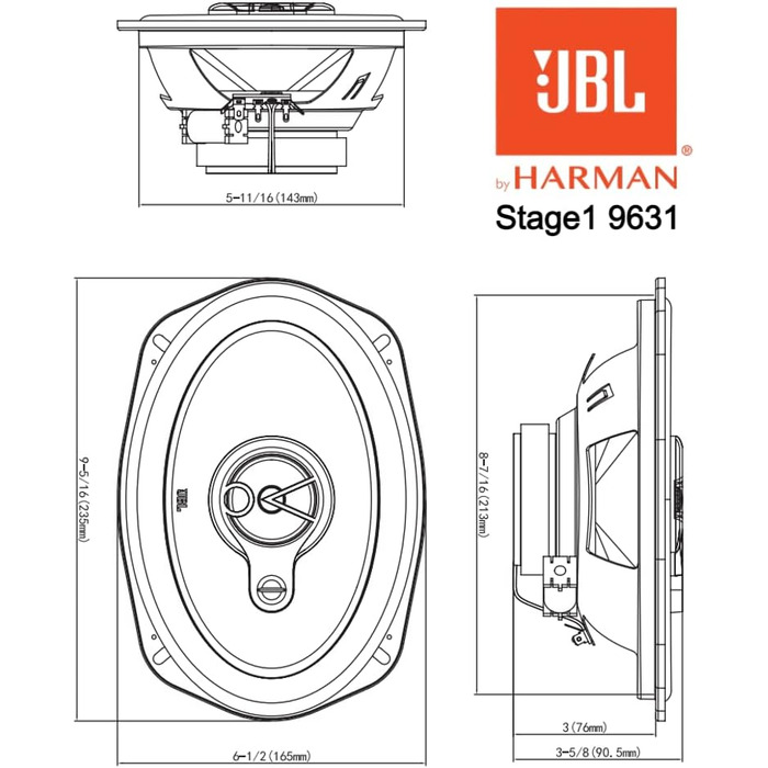 Автомобільні акустичні колонки JBL Stage1 9631, 3-смугові, 300 Вт, 16,5x23 см (6x9 дюймів), чорні, Harman Kardon, Hi-Fi звук