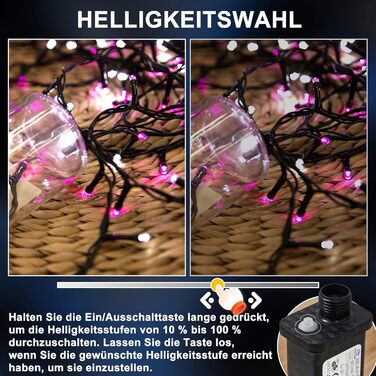 LED гірлянда WISD 13м, 200 LED, рожево-біла. Диммування, 12 режимів, таймер, EU штекер. Декоративне освітлення для дому, балкону, саду.