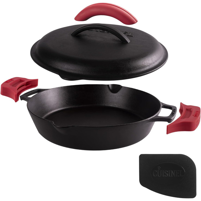 Набір сковорідок Cuisinel з чавуну (15.2, 20.3, 25.4, 30.5 см) + скляна кришка + силіконові ручки
