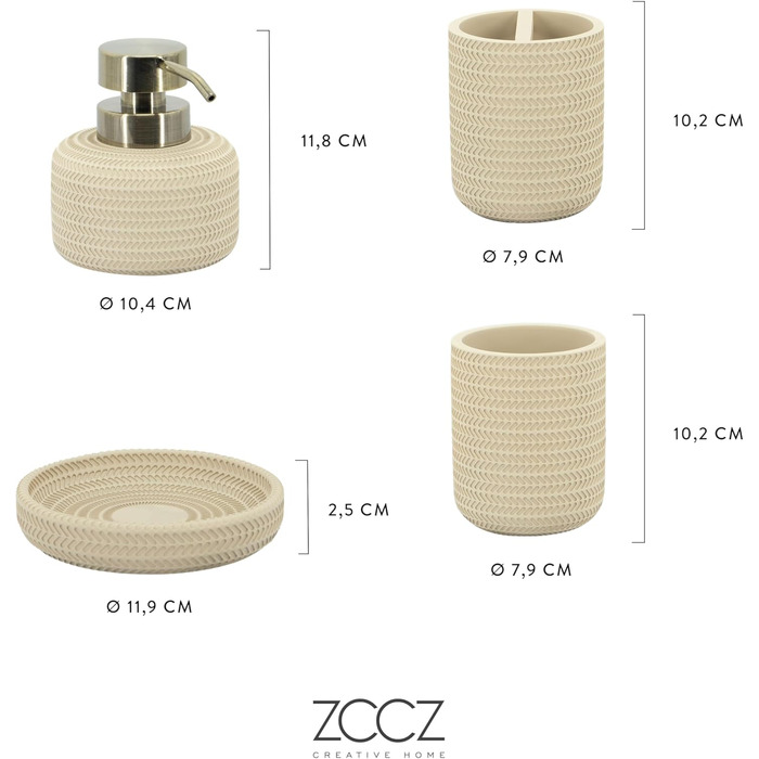 ZCCZ Bathroom Set – 4-Piece Organizer Set with Toothbrush Holder, Soap Dispenser, Cosmetic Bowl, and Cotton Swabs – Elegant Stone-Look Decor, for Modern Bathrooms (Beige 4pcs)