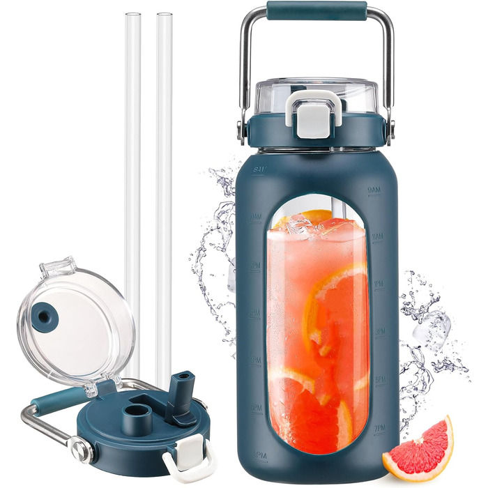 1.9L Glass Water Bottle, Glass Drinking Bottle with Straw and Stainless Steel Handle, Motivational Water Bottle with Silicone Sleeve and Time Marker, Water Pitch, Dark Blue