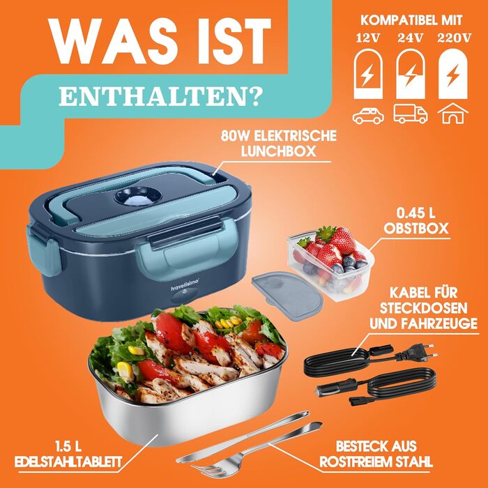 Electric Lunch Box 80W Food Container, Warm Lunch, 1.5L Food Warmer Box 3-in-1 Electric Lunch Box 12V/24V/220V, Portable Food Heater for Work, Car, Truck
