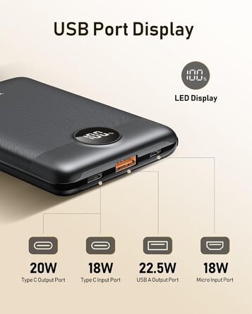 Powerbank VEEKTOMX 10000mAh: компактний зарядний акумулятор 22.5W з USB-C, PD3.0, QC3.0 для iPhone, Samsung, Huawei, Xiaomi, OnePlus