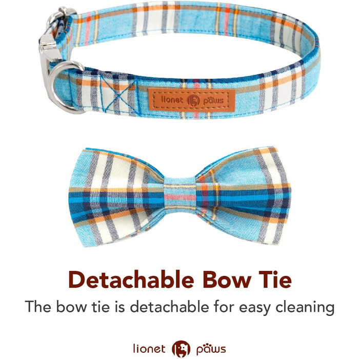 Нашийник для собак Lionet Paws з метеликом, бавовна, металевий замок, XL, 40-66 см, блакитний в клітинку