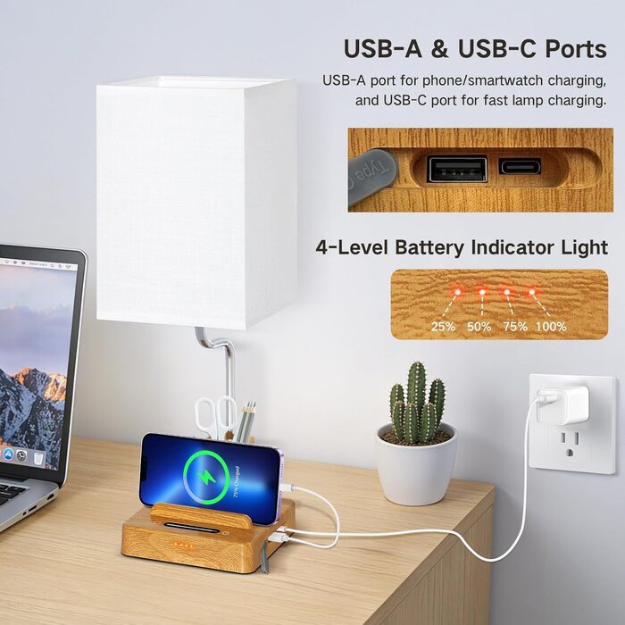 Настільна лампа світлодіодна OUTON 8000mAh бездротова з підставкою для ручок, акумуляторна, тканинний плафон, 3 режими світла, сенсорне керування, димування, індикатор заряду