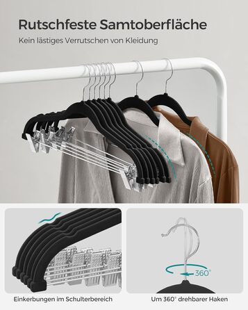 SONGMICS Velvet Clothes Hangers, 20-Piece Set, Skirt Hanger, 42.5 cm wide, with adjustable clips, non-slip, space-saving, for trousers, coats, dresses, black CRF012B20