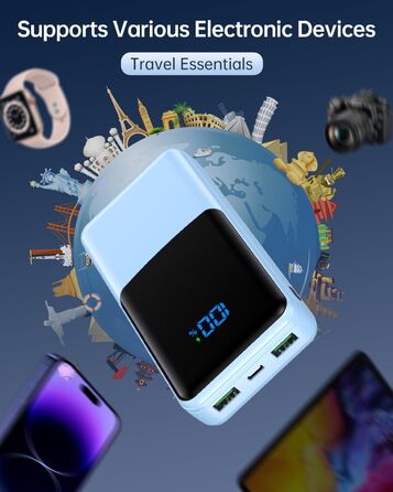 Power Bank Coblob 27000mAh з LED дисплеєм, 3 виходи та 2 входи, USB-C 30W, блакитний