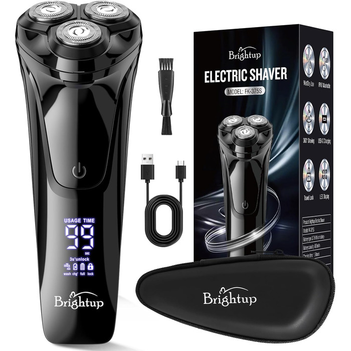 Електричний чоловічий бритва Brightup з 4D-плаваючою головкою, бездротовий LED бритва для вологого та сухого гоління, IPX6 водонепроникний, USB-C зарядка & висувний тример, захист від подорожей, глибокий чорний колір