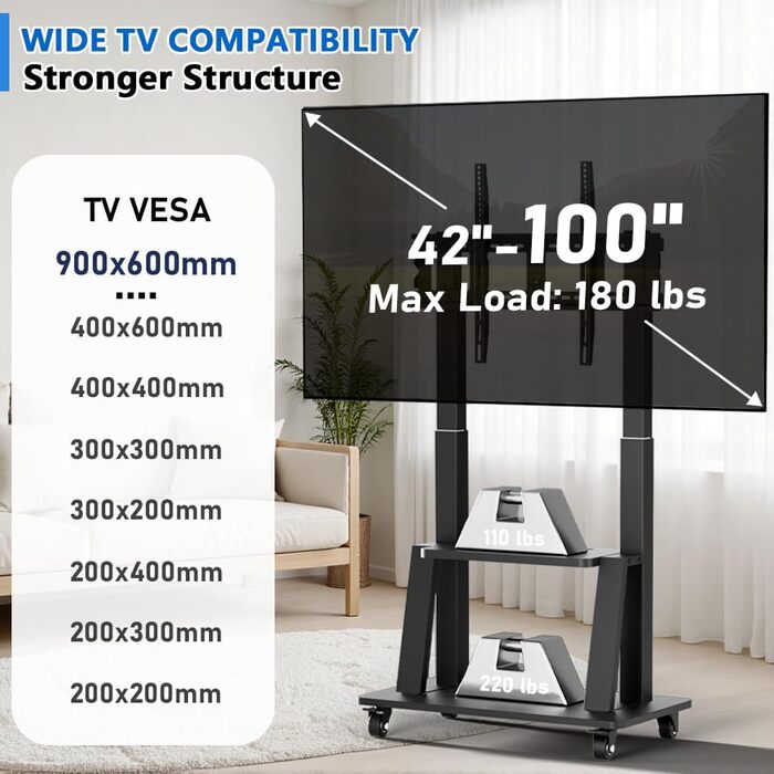 Мобільна підставка для телевізора з колесами 42-100 дюймів, регульована по висоті, VESA 900x600, до 82 кг