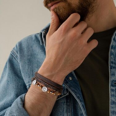 Чоловічий браслет Dochais з нержавіючої сталі та натуральної шкіри з хрестом Ісуса Христа, плетіння з натурального каменю, магнітна застібка, аксесуар для чоловіків (колір: коричневий, розмір: 19 см)