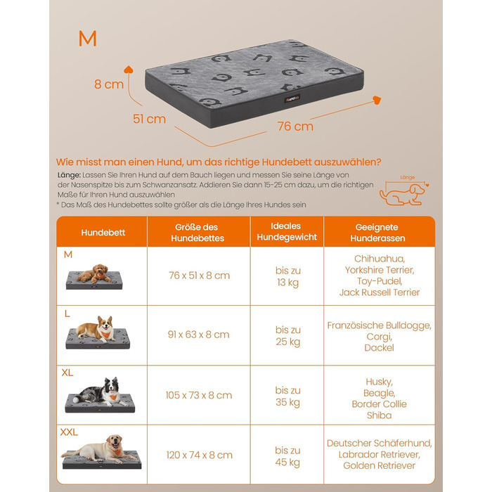 Ліжко для собак Feandrea, знімний водонепроникний матрац, розмір M (76 x 51 x 8 см), для маленьких та мініатюрних собак, сірий, PGW241G01