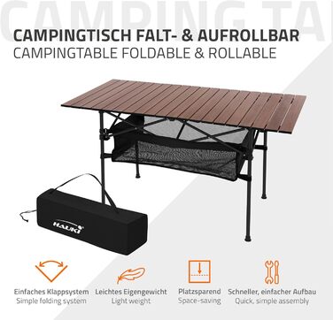 Стіл для кемпінгу Hauki, розкладний, коричневий, 118 x 55 x 64,5 см, алюмінієвий, з мотузковою поверхнею, для відпочинку, саду, балкону, подорожей, ринку, з сумкою, колір: коричневий (темне дерево)