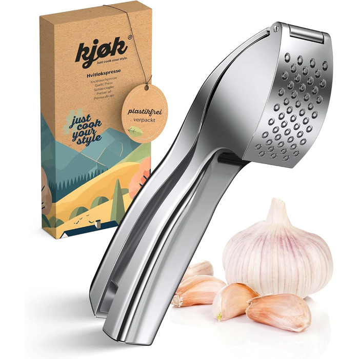 Преміум-прес для часнику Kjøk - з цинкової сплави, хром, професійний, для посудомийної машини, стильний, подарунок на День Матері, срібний