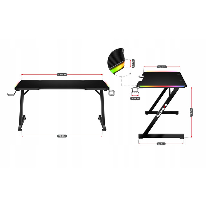 Ігровий стіл Huzaro Hero 2.5 з RGB LED підсвіткою, 120 x 75 x 60 см, чорний