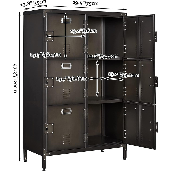 Metal locker with lockable doors, industrial steel cabinet for school, home, office, garage, H140*W38*D46 cm (6 doors)
