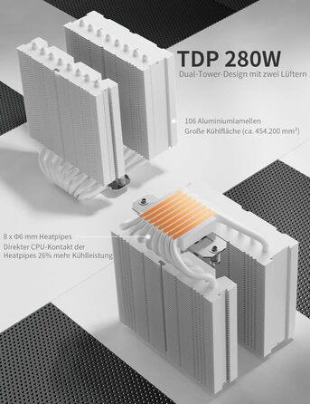 upHere UE2 Elite KC8C CPU кулер ARGB 120mm, Dual-Tower з 8 теплових трубок, TDP 280W, для процесорів AM5/AM4/AM3 Intel 1851/1700/115x/1200, тихий кулер для ПК (UE2 Elite T8-White)
