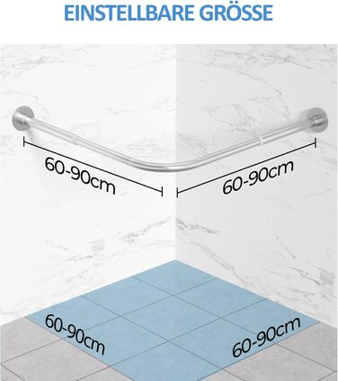 Регульована штанга для душу L-подібної форми, 60-134 см, з кріпленням для штори та підставкою для стелі, для ванни/ванної кімнати, срібна