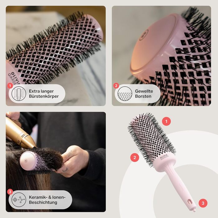 Кругла щітка Olivia Garden Expert Blowout Speed з керамічним покриттям, для швидкої сушки волосся, білий та сірий (55, пастелевий рожевий)